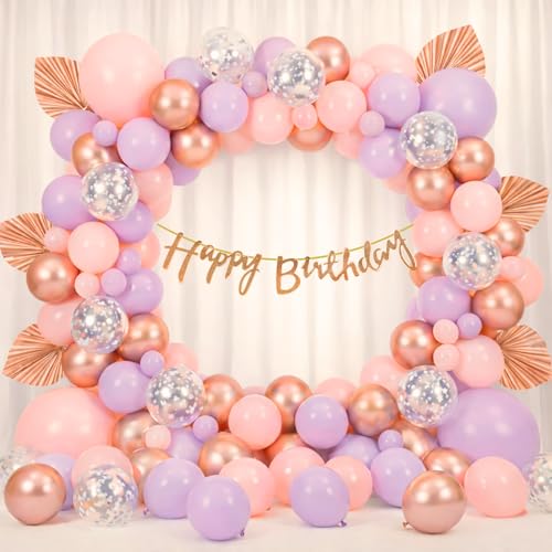 Image of Happy Birthday Decoration Kit for Baby Teenage Girls Men Women Adults Home Table Year With 30 Pc Pink Purple Rose Gold Balloons 1 Pc Rose Gold Happy Birthday Cursive Banner Items Set Combo