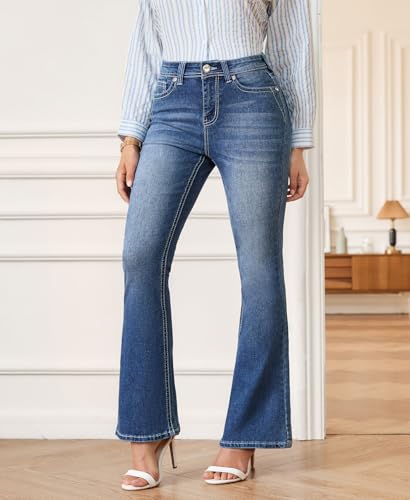 ZRP Women's Mid-Waist Flared Jeans, Embroidered Feather & Rhinestone Back Pockets, Plus Size3