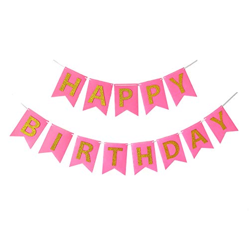 Happy Birthday Banner Bandera Feliz Cumpleaños Fieltro Color Rosado Con Letra Dorada...