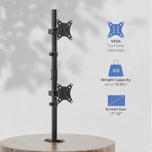 PUTORSEN Podwójny stojak na monitor, bardzo wysoki, 80 cm, pionowy uchwyt na monitor do monitorów 17-32 cali do 9 kg z obrotowym obrotem nachylenia, VESA 75 x 75-100 x 100 mm, PTMA66-L