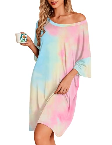 Image of Ekouaer Plus Size Nightgowns for Women Oversized Sleep Shirt Short Sleeve Nightshirt T-Shirt Dress Sleepwear S-5XL