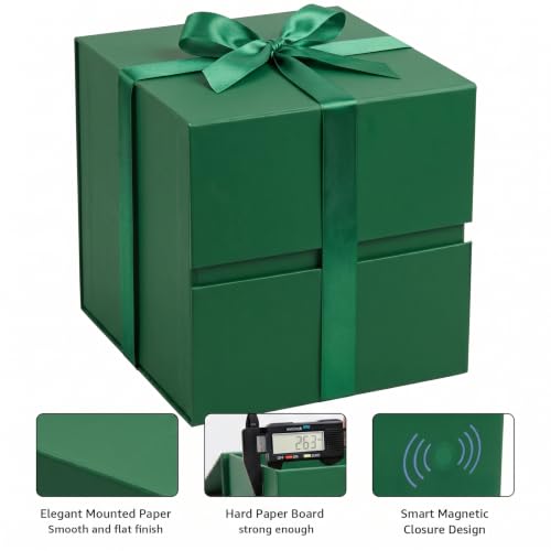 Image of LIFELUM Dark Green Square Gift Box 10.2 x 10.2 x 10.2 inch, 1 Pack Magnetic Gift Box with Lid, Shredded Filler, Card, Ribbon for Birthday, Christmas, Wedding