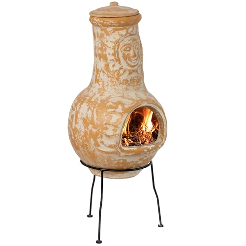 Outdoor Clay Chiminea Fireplace Sun Design Wood Burning Fire Pit with Sturdy Metal Stand, Barbecue, Cocktail Party, Cozy Nights Fire Pit (Beige)