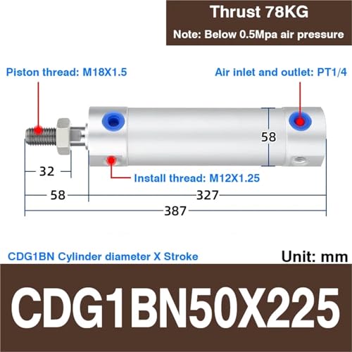 Mini vérin à double effet CDG1BN50X225 à haute force de traction