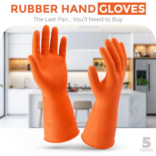 Image of LADWA Premium Rubber Cleaning Gloves, Orange Color Reusable Waterproof Gloves for Kitchen Cleaning, Dishwashing, Gardening and Bathroom Use (Pack of 5 Pairs)