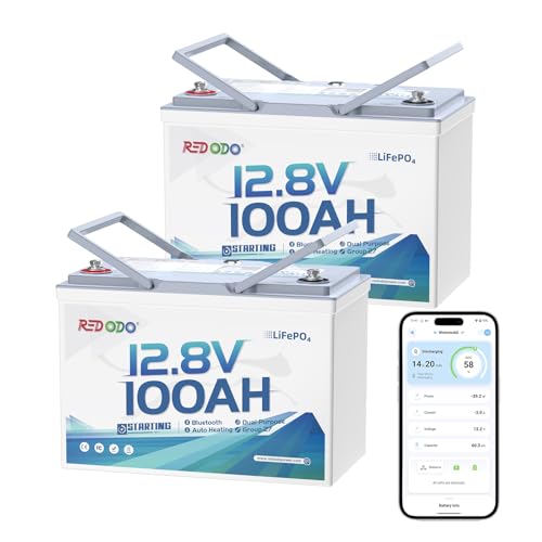 Image of Redodo 12V 100Ah Smart Bluetooth Dual-Purpose Marine Lithium Battery, 900CCA Group27 Starting Marine Battery with Energy Reserve Mode & Heating 2 PACK