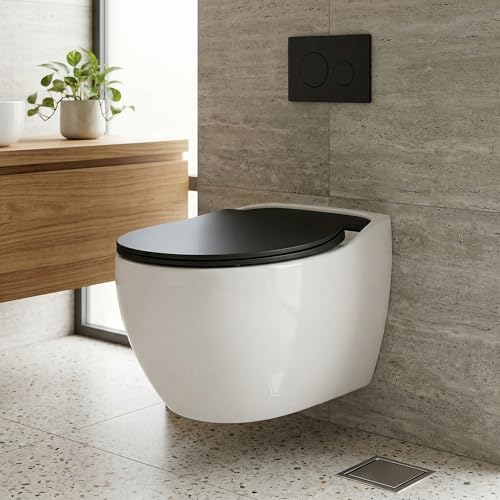Image of B Backline Elite Ceramic Rimless Wall Hung Western Toilet /Water Closet /Commode /European Commode With Soft Close Toilet Seat Cover - P Trap 57 X 39 X 42 Cm (Black Matt White) (5 Years Warrenty)