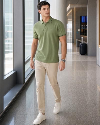 Image of NOBERO Men's Travel Polo T-Shirt | Premium Cotton Stretch Fabric | Anti-Odor & Water-Repellent | UPF 50+ Sun Protection | Regular Fit Polo Collar Casual Wear