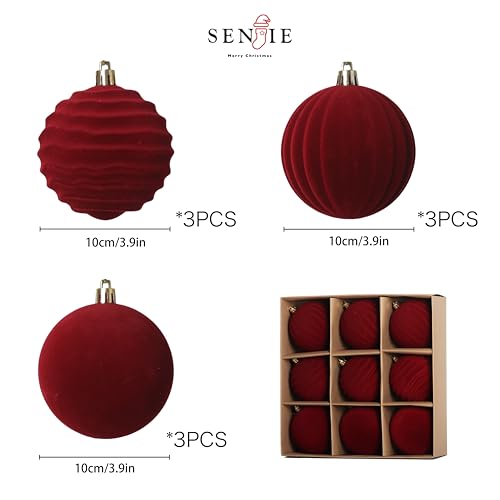 Image of 4In Red Velvet Christmas Ornaments Set,9pcs Burgundy Flocked Ornaments Ball