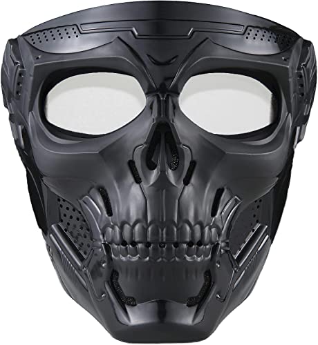 Motorcycle Mask Full Face, Skull Mask Military Outdoor Sport Cs Tactical Wild Mask Protective Adjustable Paintball Mask Eye Protection (Skull-Clearlens) #TOP2