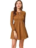 Allegra K Damen Kleid Lace-Up V-Ausschnitt Kleider Langarm Hohe Taille Faux Wildleder A-Linie Minikleid Braun XL