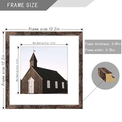 Picrit 11x11 Picture Frame Set of 4, Made of High Definition Real Glass, Display 8x8 with Mat or 11x11 without Mat, Photo Frames for Wall Mounting Display, Brown by Picrit - Image 2