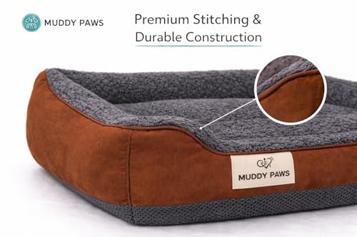 Image of MUDDY PAWS Reversible Sofa Style Dog Bed - Large (68 x 53 x 22 cm) - Plush Fur Surface, Removable Cushion & Anti-Skid Base - Brown & Grey