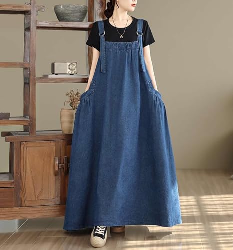 Image of Women's Casual Loose Denim Dress Sleeveless Adjustable Straps Denim Jumper Dress with Pockets