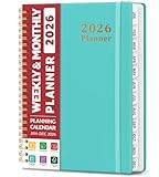 2026 Planner, Weekly and Monthly Planner, January 2026 - December 2026, Hardcover 2026 Calendar Planner Book with Tabs For Women & Men, Inner Pocket, Spiral Bound, Perfect for Office Home School Supplies - A5 (6.3' x 8.5'), Aquamarine