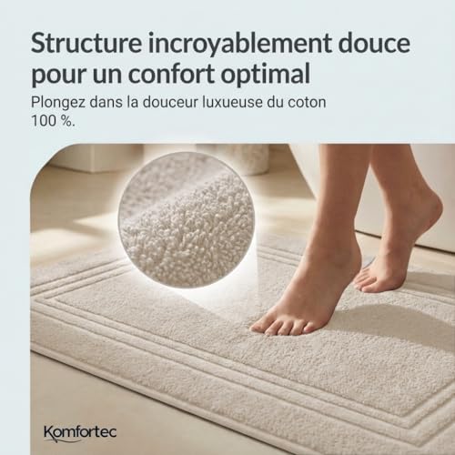 Komfortec Lot de 2 Tapis de Bain, en Tissu éponge, lavables, 600 g/m² et 100% Coton Absorbant et à séchage Rapide, Beige, 50 x 70 cm – vue 2