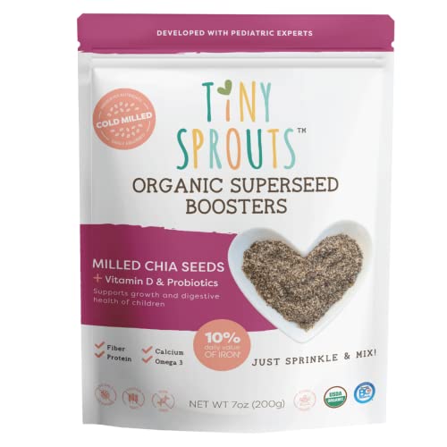 Tiny Sprouts Foods Organic Superseed Boosters: ORGANIC MILLED CHIA SEEDS with VITAMIN D + PROBIOTICS. Premium cold-milled | HIGH-FIBER| Designed for babies & kids | Gluten-free | Vegan