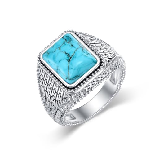 Turquoise Rings for Men 925 Sterling Silver Western Vintage Genuine Square Turquoise Gemstone Ring Jewelry Gifts for Birthday Father's Day Size 7 to 14