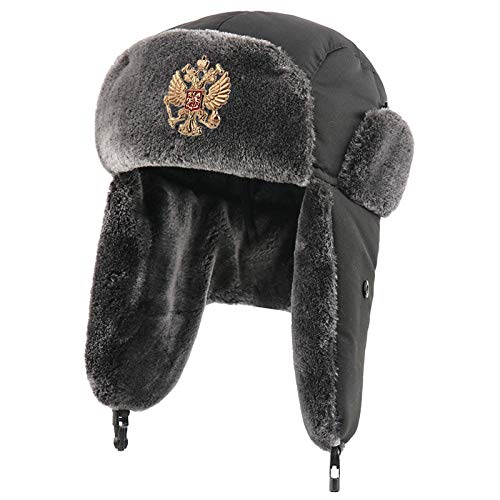 BZNOO Russen Mütze Herren Abzeichen Russland Ushanka Hut wasserdichte Bomberhüte Pilot Trapper Soldat Hut Winterohrklappe Männer Schneekappen-Black_Eagle_Badge