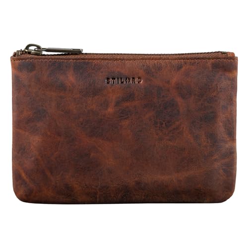 Pochette cuir vintage STILORD Samy comme petit portefeuille et trousse maquillage cognac