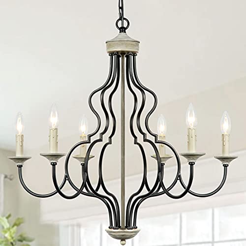 Lampundit 6-Light Farmhouse Chandelier for Dining Room Kitchen Island Lighting Hanging Fixture, 27.5 inches Diameter, Oil Black & Gray Finish