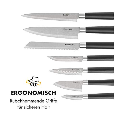 Foto von Klarstein Messerblock mit Messer, 7-Teiliges Messer-Set mit Block, Küchenmesser, Holz-Messerblock & Schneidebrett, Scharfes Edelstahl-Messerset, Kratzfest, Japanisch Inspiriertes Messerset Block