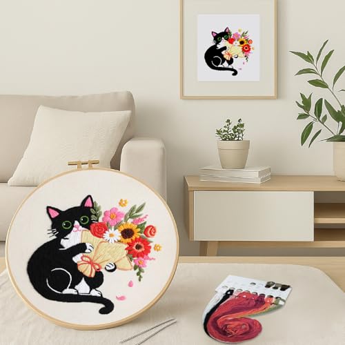 Image of Nuberlic Black Cat Flowers Embroidery Kits for Beginners, DIY Cross Stitch Starter Craft Kits for Adults Including Cloth with Pattern, Hoop, Needles Instruction and Threads