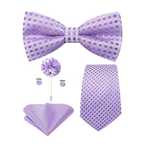 Image of Hi-Tie 5Pcs Mens Solid Color Silk Tie Satin Pretied Bowtie Lapel Pin for Men Handkerchief Cufflink Wedding Gift Box