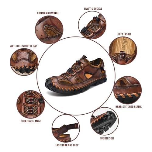 Men's Handmade Genuine Leather Sport Sandals Closed Toe Fisherman Beach Hiking Water Shoes Outdoor Lightweight Trail Casual Sandals3