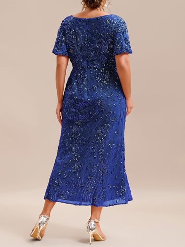 Image of Ever-Pretty Plus Women's Sequin V Neck Plus Size Prom Dress Mermaid Formal Cocktail Evening Dresses for Curvy Women