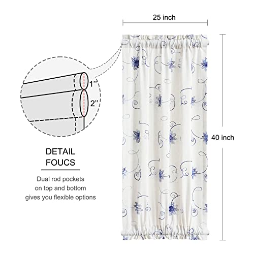 Image of VOGOL Linen Textured French Door Curtains, 40 Inches Long Floral Embroidered Rustic Door Panel, 1 Piece Rod Pocket Curtain for Front Glass Windows, Blue on Beige