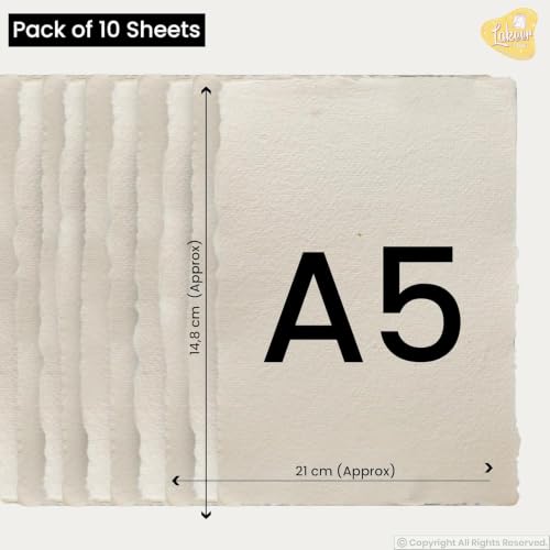 Image of Lakeer A5 Watercolor Paper - Handmade Paper with Deckle Edges | Pack of 10 Sheets, 300 GSM | 100% Virgin Cotton - Acid Free, Suitable for Wet Mediums, Ideal for Artists, etc