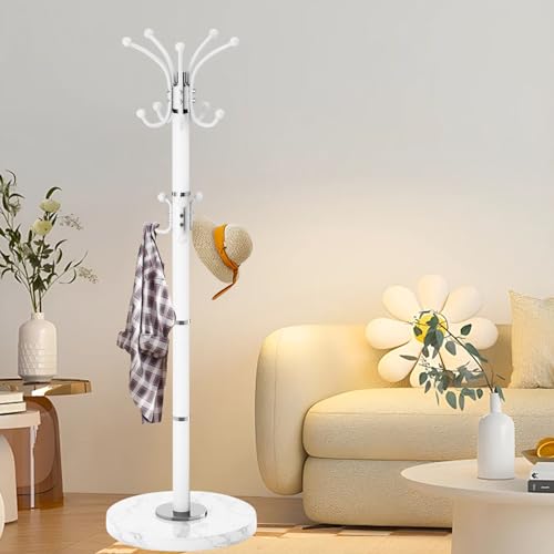 Metal Heavy Duty Coat Rack Stand Modern 360 Roraty Freestanding Coat Rack with Natural Marble Base White Coat Racks Hall Tree Hanger Stand with 16 Hooks for Entryway Office