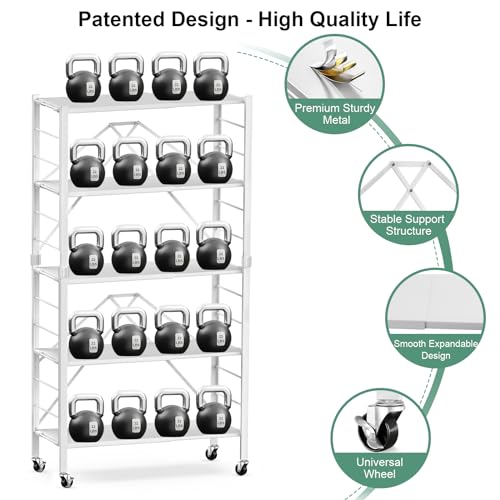 Image of Himix 5-Tier Foldable Storage Shelves with Wheels Expandable Kitchen White | Folding shelving units, Metal collapsible organization, Changeable into 2 shelf units, Garage, Adjustable, Holds 2400 Ibs