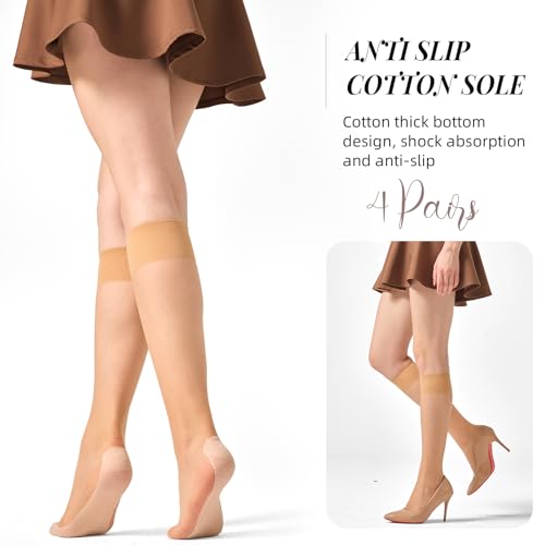 4 Pairs Knee High Stockings for Women Anti-Slip Cotton Sole Nylons Sheer Socks with Wide Calf3
