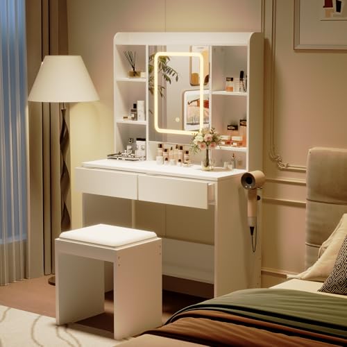 GarveeHome Vanity Desk with Mirror and Lights, for Bedroom,Includes Padded Stool, Easy to Assemble, Storage Drawers, USB Outlets, Hairdryer Holder, Adjustable LED Light with 3 Lighting Modes