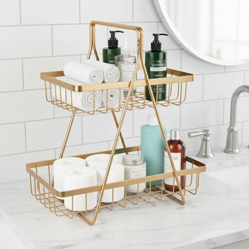 Image of 2 Tier Metal Fruit and Vegetables Basket with Handle | Fruit Vegetables Snacks and Bread Organizer for Kitchen, Dining Table, Livingroom | Bathroom Countertop Stand (Design 2 - Gold)