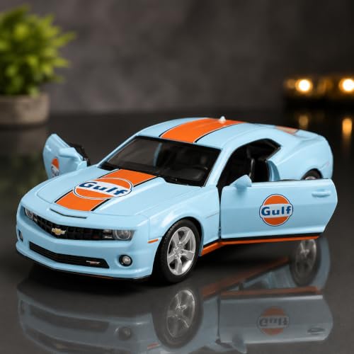 Image of Wizplex CCA Chevrolet Camaro SS Gulf 1:64 Officially Licensed Premium Die Cast Metal Car in Acrylic Display Case - Openable Doors, Collectible Muscle Coupe Showpiece for Collectors & Kids 3+