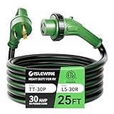 ISLEWIRE 30 Amp 25 Feet RV Power Cord, Heavy Duty 10 Gauge STW Cord with LED Power Indicator Twist Connector, NEMA TT-30P to L5-30R with Cord Organizer for RV Trailer Campers, Black&Green, ETL Listed