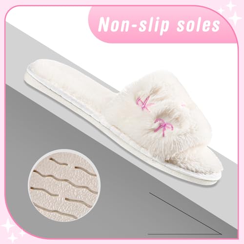 Cute Pink Bow Embroidered Slippers for Women, Coquette Fuzzy House Slippers with Anti-skid Sole, Warm Indoor Shoes for Women Ideal Gifts for Mom Wife Friends2