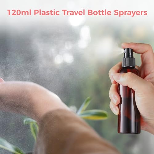 90 PCS Amber Plastic Spray Bottles 4 oz - 120ml Plastic Travel Sprayer Set Brown PET Bottles with Black Nozzles for Liquids, Perfumes, Cosmetics, and More3