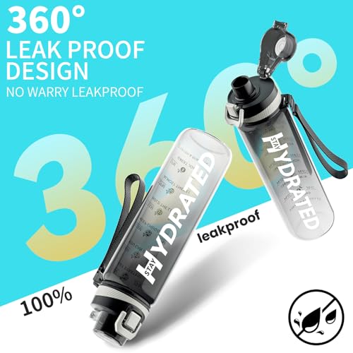 Water Bottle, 32 oz Motivational Water Bottles with Time Marker-Tritan & BPA Free, Sports Water Bottle with Time to Drink & Strap, Wide Mouth, Leakproof -Gift for Christmas Gym Fitness & Outdoor