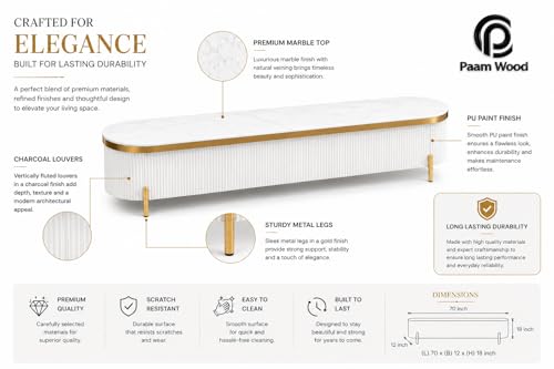 Image of Mazzo Modern TV Unit /Console - 70 inchx12 inchx18 inch White Marble Top with Golden Acrylic, Waterproof Plywood & Charcoal Louvers - Media Cabinet | Modern TV Stand Console Without Storage (White)