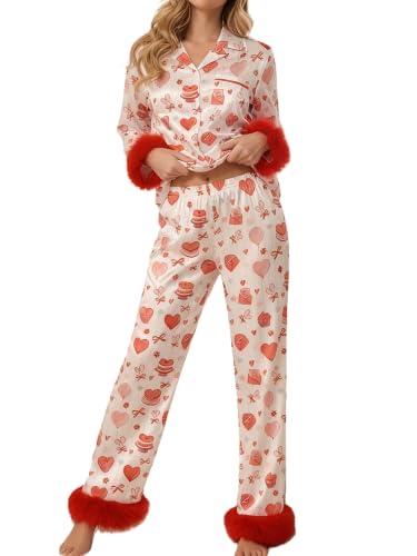 Image of Women Silk Pajamas Set Satin Long Sleeve Feather Trim 2PCS Loungwear | Christmas Button Down Shirts Long Pants 2PCS Xmas Christmas Sleepwear