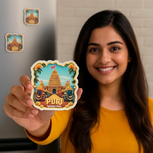Image of Naxon Jagannath Temple Puri Theme Souvenir Wooden Fridge Magnet - 3x3 Inch Refrigerator Magnet for Kitchen & Home Decor | Spiritual Travel Souvenir Gift | Pack of 1