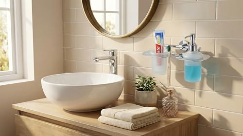 Image of Stainless Steel Toothbrush Holder with Glass Tumbler & Liquid Soap Dispenser Set - Wall Mounted 2-in-1 Bathroom Organizer, Chrome Finish (Square /Frosted Glass) (E 3712)