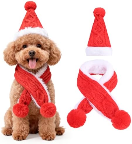 PAWCHIE Dog Costumes Hat Scarf Set Knit, Cat Christmas Outfit Costume - Santa Hat and Scarf for Cats Kitten Small Dogs, 2 Pcs Winter Warm Clothes Pet Christmas Costumes Set for Cat and Puppy, Red