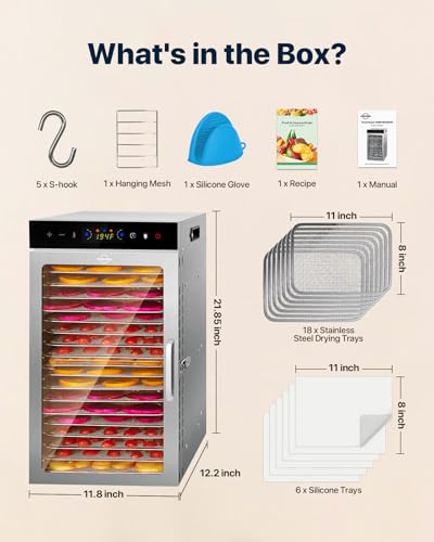 Image of Food Dehydrator Machine 18Tray, 800W Dual Fan Fast Drying, 24H Timer, 86-194℉ Control, Noise Below 45dB, LED Panel, Stainless Steel Dehydrators for Food and Jerky Herb Meat Fruit, Rectangular