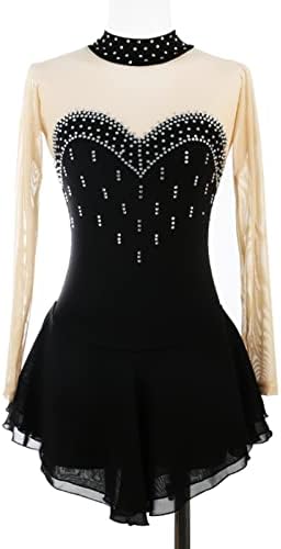 HOYI Handmade Professional Ice Skating Competition Dress with Crystal Long Sleeve Rhythmic Gymnastics Leotards for Girls(Size:160,Color:Black)