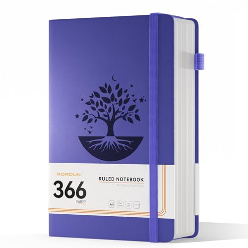 NORDUN Cuaderno A4 con líneas - 366 páginas de papel grueso de 100 g/m², cuadernos de tapa dura de cuero, notas adhesivas, cuaderno grande rayado de tamaño universitario para hombres, mujeres